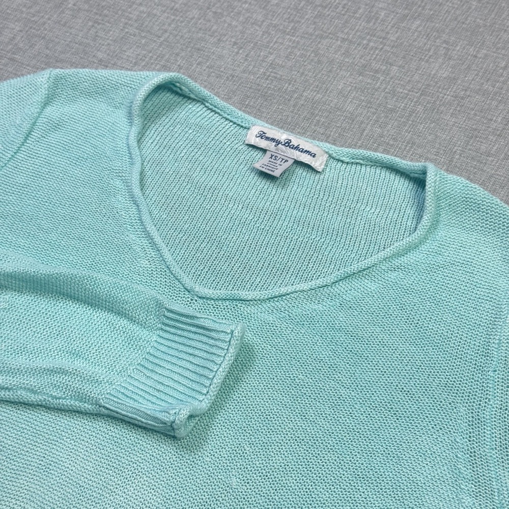 Tommy Bahama Linen Sweater Womens XS Green V-Neck Lightweight Open-Knit